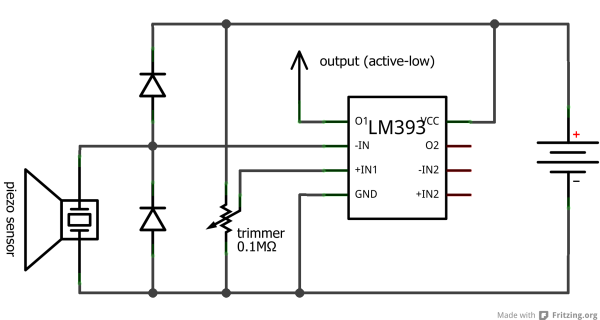 piezo sensor with two clipping diodes and a trimmer attached to an analog comparator