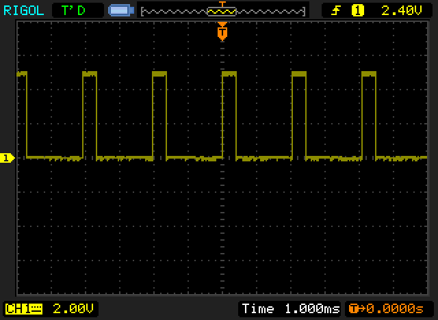 oscilloscope screen showing PWM square wave with duty cycle of about 27%