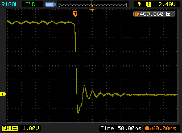 oscilloscope screen showing falling edge of a square wave with undershoot