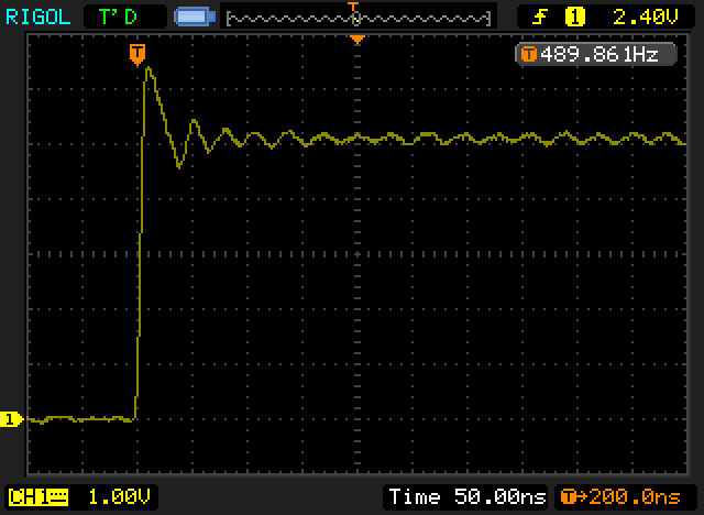 oscilloscope screen showing rising edge of a square wave with overshoot